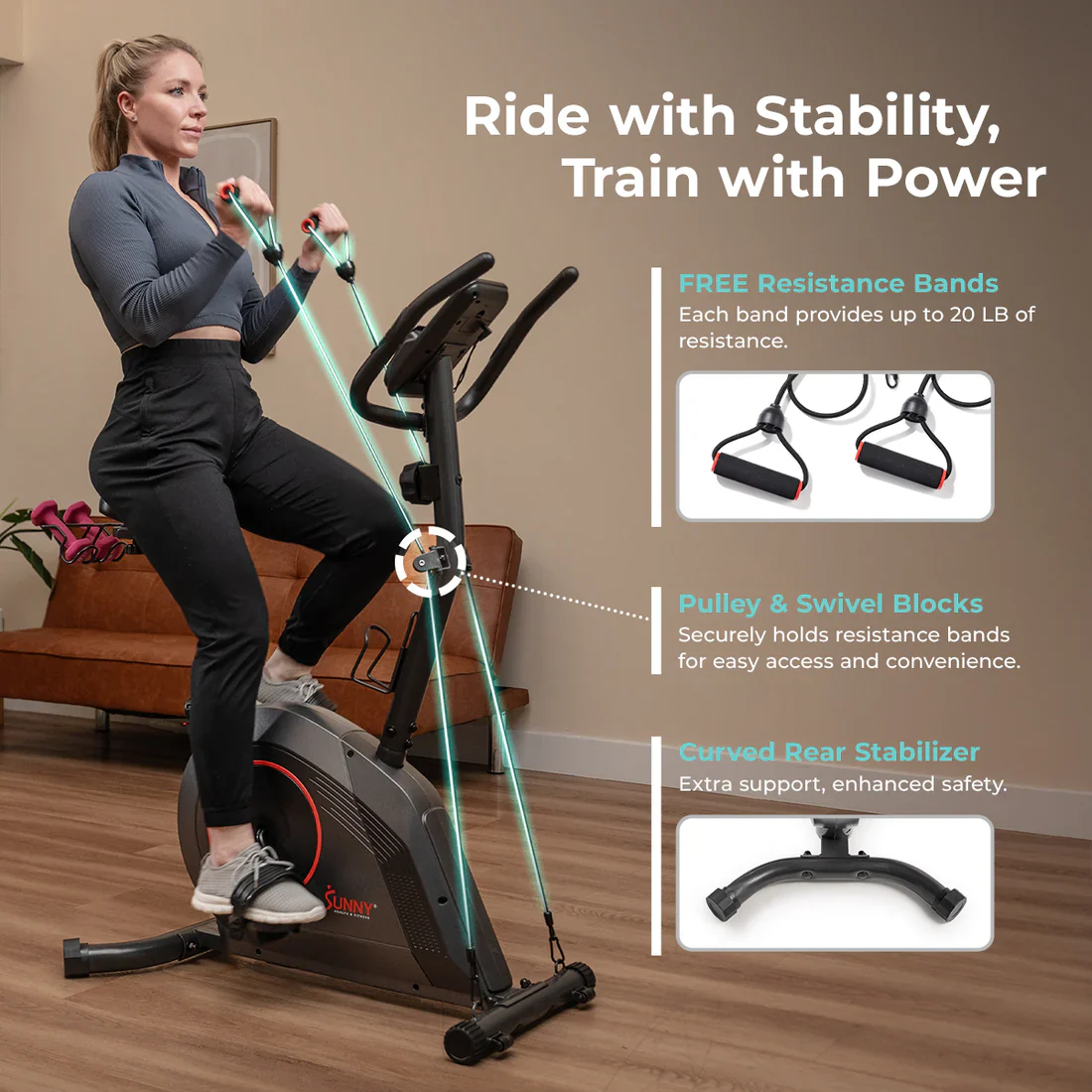 16-Level Magnetic Resistance Upright Bike with workout bands - Image 3