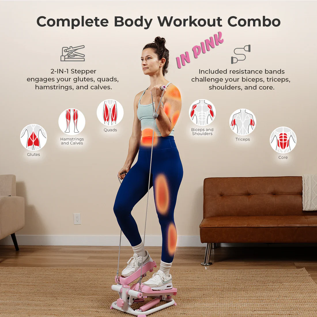 Smart Pink Mini Stepper With Resistance Bands - Image 3