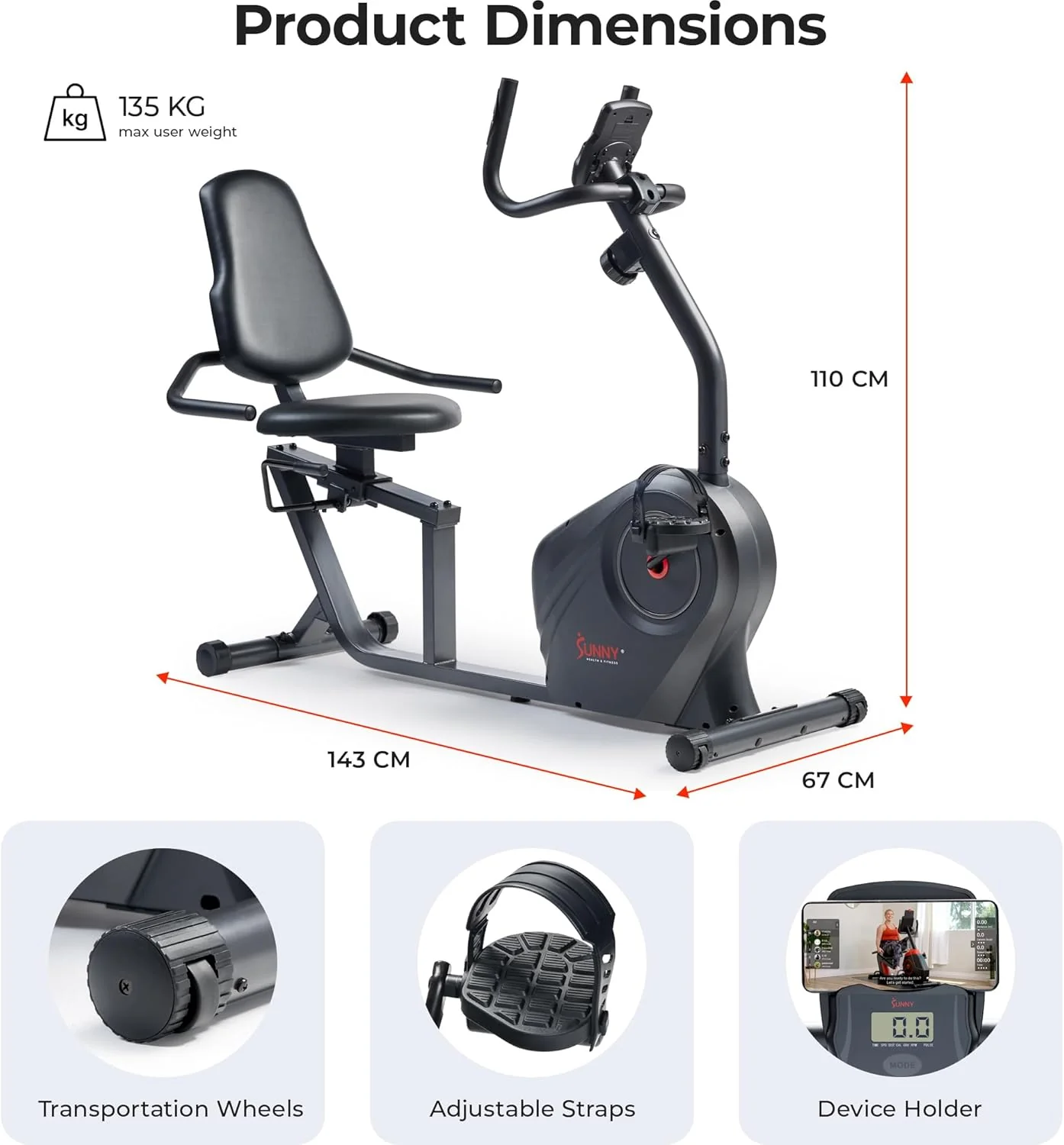 Heavy-Duty Recumbent Bike w/Wide Cushioned Seat & Back - Image 8